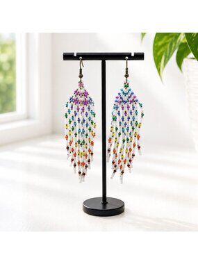 Handmade Beaded Dangle Earrings Fringe Multicolor Seed Beads Long Statement Jewe